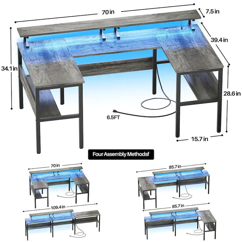 Bureau de jeu réversible en U avec ports USB et lumières LED