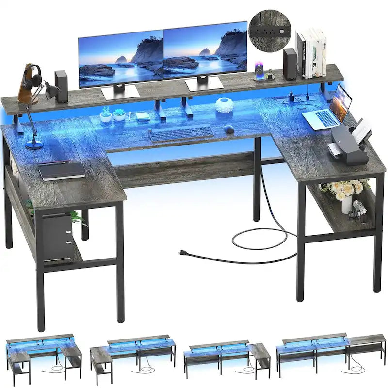 Bureau de jeu réversible en U avec ports USB et lumières LED