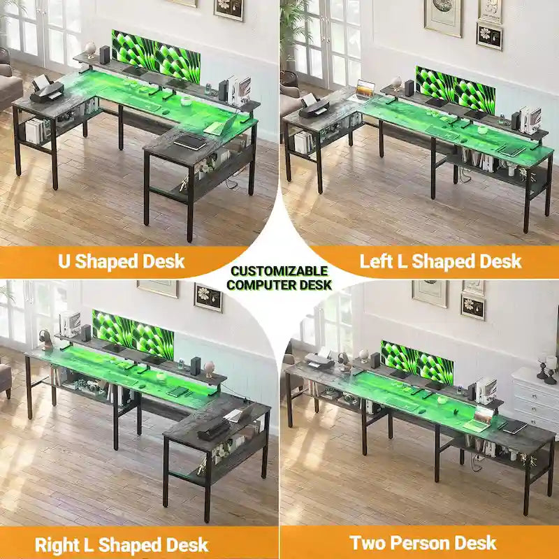 Bureau de jeu réversible en U avec ports USB et lumières LED