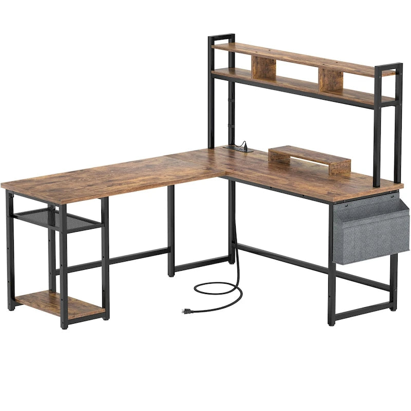Bureau de jeu en L en bois avec étagère et port USB