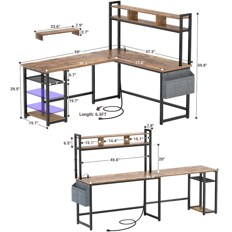 Bureau de jeu en L en bois avec étagère et port USB