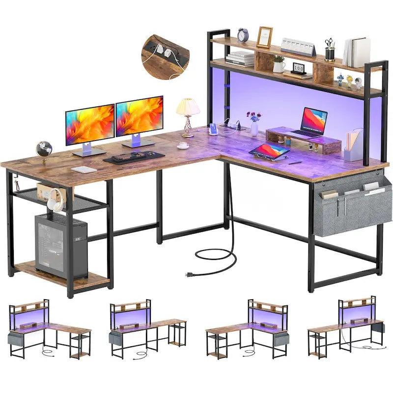 Bureau de jeu en L en bois avec étagère et port USB