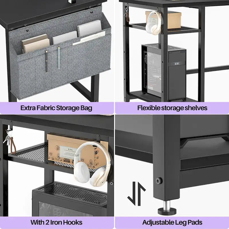 Bureau de jeu en L en bois avec étagère et port USB