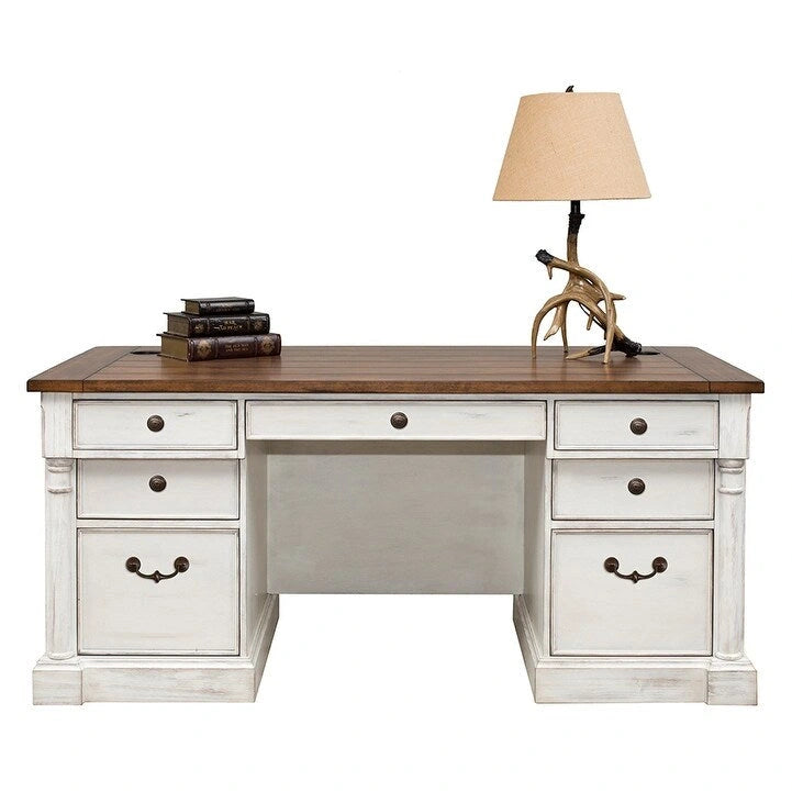 Bureau de direction rustique en bois à double piédestal, Bureau, Table, Blanc