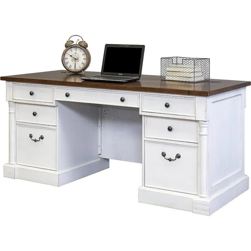 Bureau de direction rustique en bois à double piédestal, Bureau, Table, Blanc