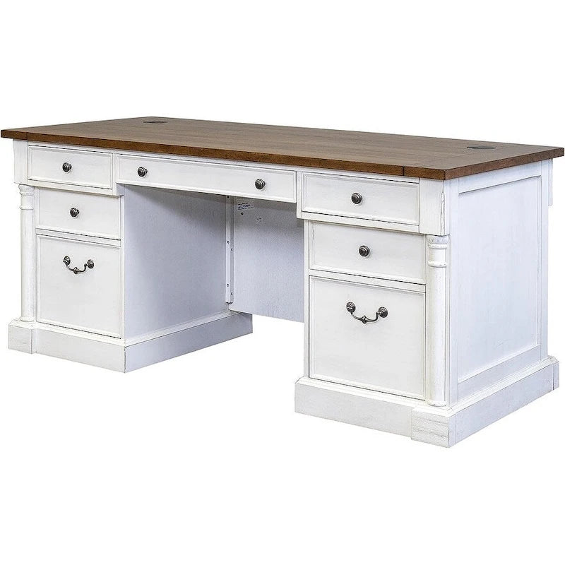 Bureau de direction rustique en bois à double piédestal, Bureau, Table, Blanc
