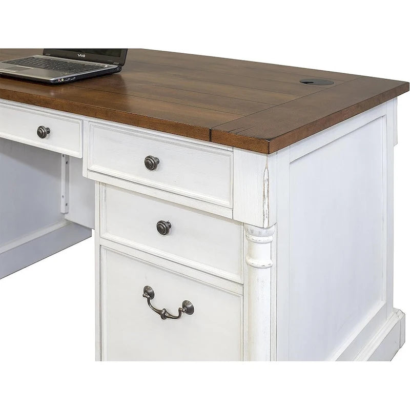 Bureau de direction rustique en bois à double piédestal, Bureau, Table, Blanc