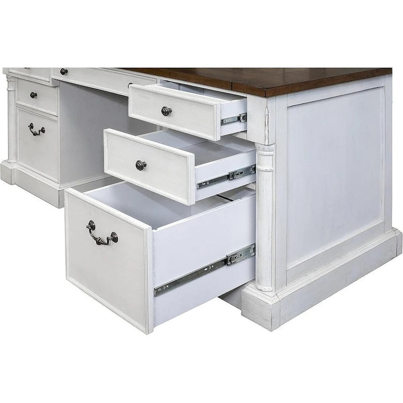 Bureau de direction rustique en bois à double piédestal, Bureau, Table, Blanc