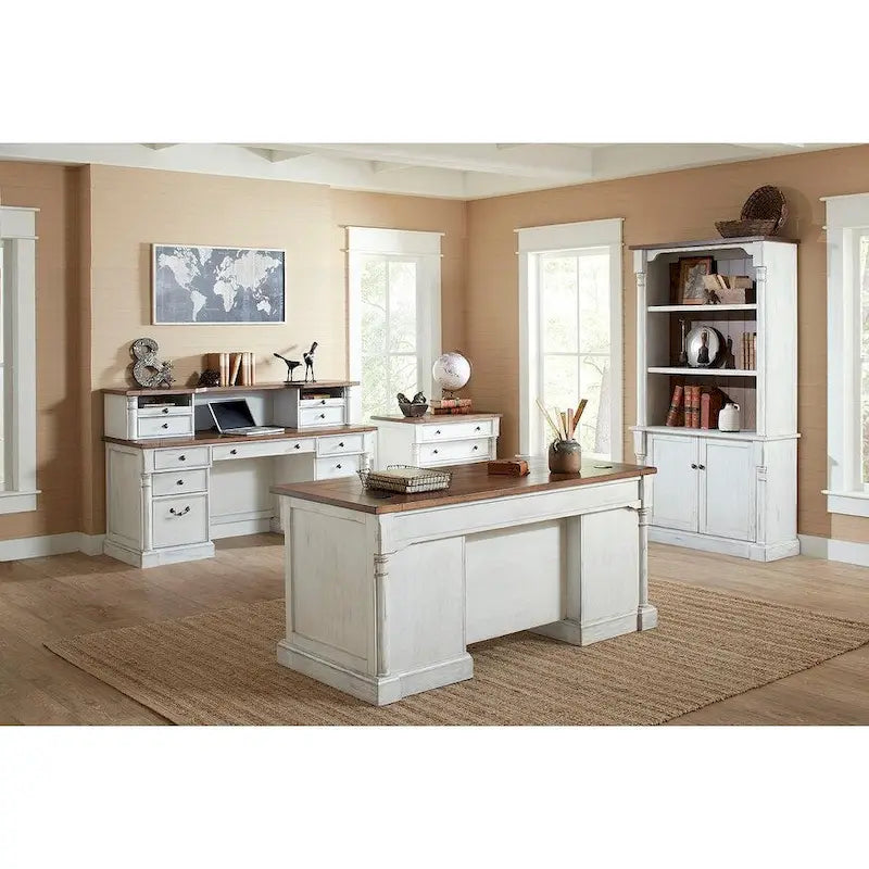 Bureau de direction rustique en bois à double piédestal, Bureau, Table, Blanc