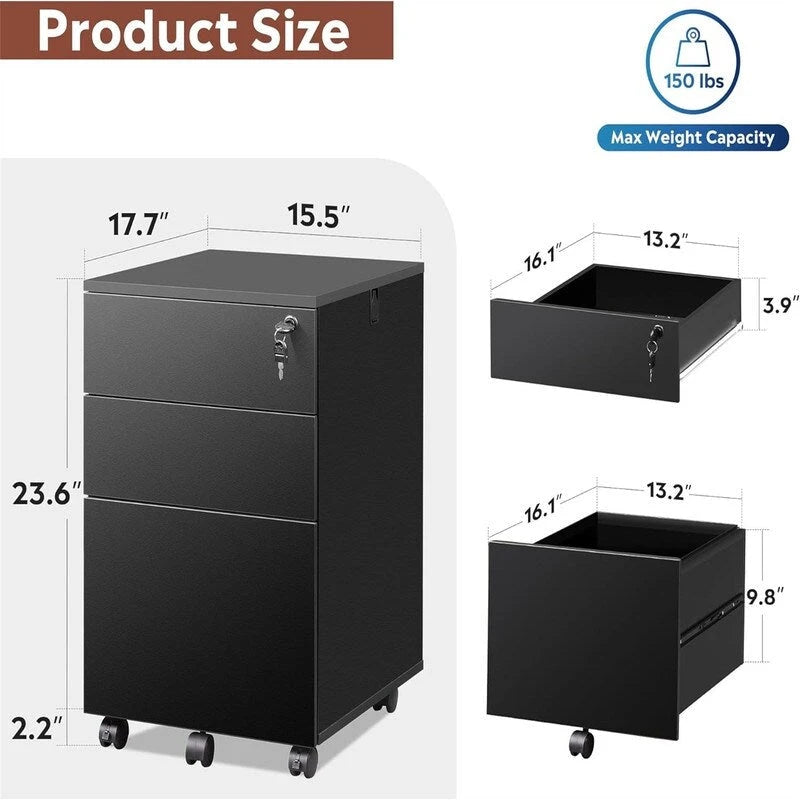 Classeur à 3 tiroirs avec serrure - 17,7P x 15,5L x 25,8H