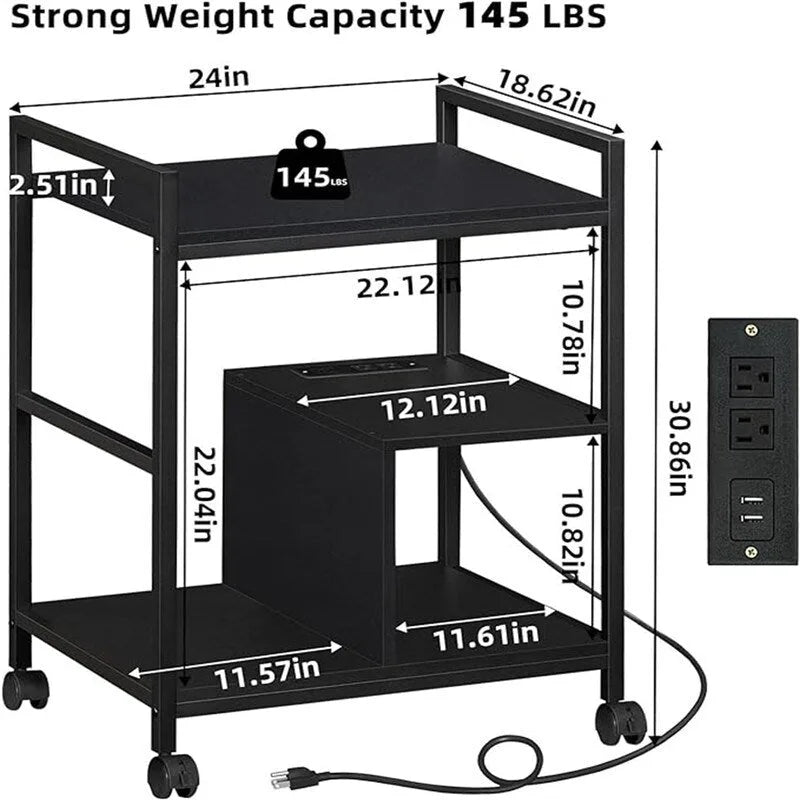 Meuble Imprimante avec Station de Recharge et Ports USB Grande Taille 3 Niveaux - 24P x 18,62L x 30,86H