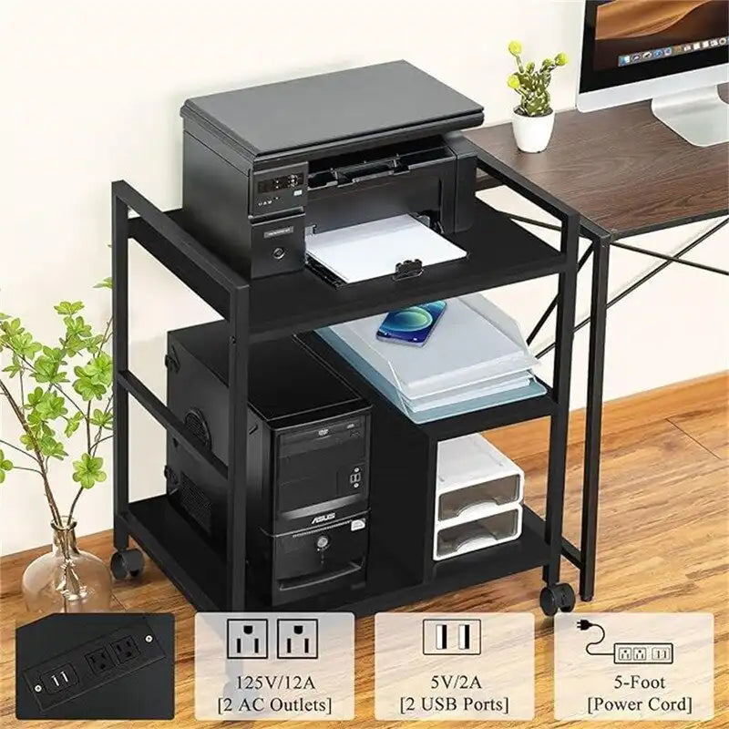 Meuble Imprimante avec Station de Recharge et Ports USB Grande Taille 3 Niveaux - 24P x 18,62L x 30,86H