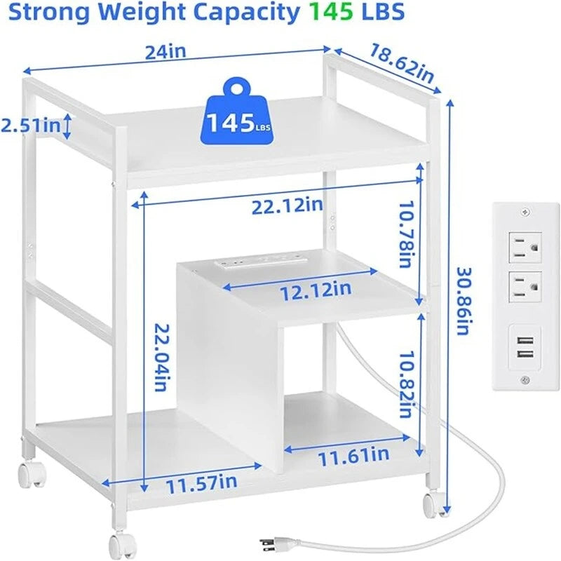 Meuble Imprimante avec Station de Recharge et Ports USB Grande Taille 3 Niveaux - 24P x 18,62L x 30,86H