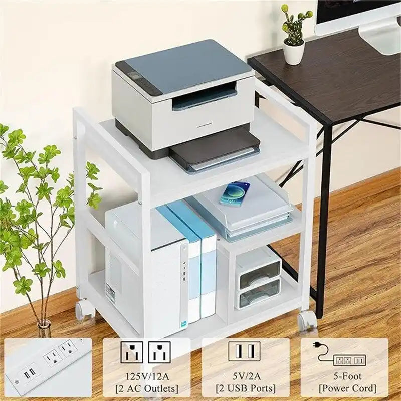 Meuble Imprimante avec Station de Recharge et Ports USB Grande Taille 3 Niveaux - 24P x 18,62L x 30,86H