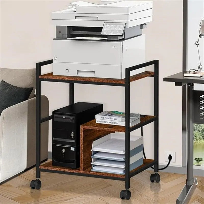 Meuble Imprimante avec Station de Recharge et Ports USB Grande Taille 3 Niveaux - 24P x 18,62L x 30,86H