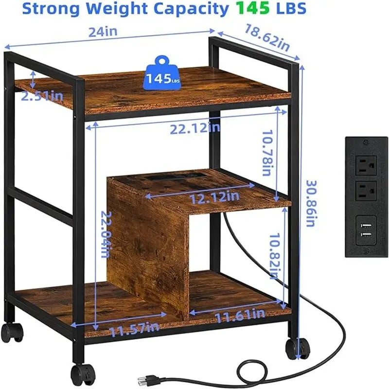 Meuble Imprimante avec Station de Recharge et Ports USB Grande Taille 3 Niveaux - 24P x 18,62L x 30,86H