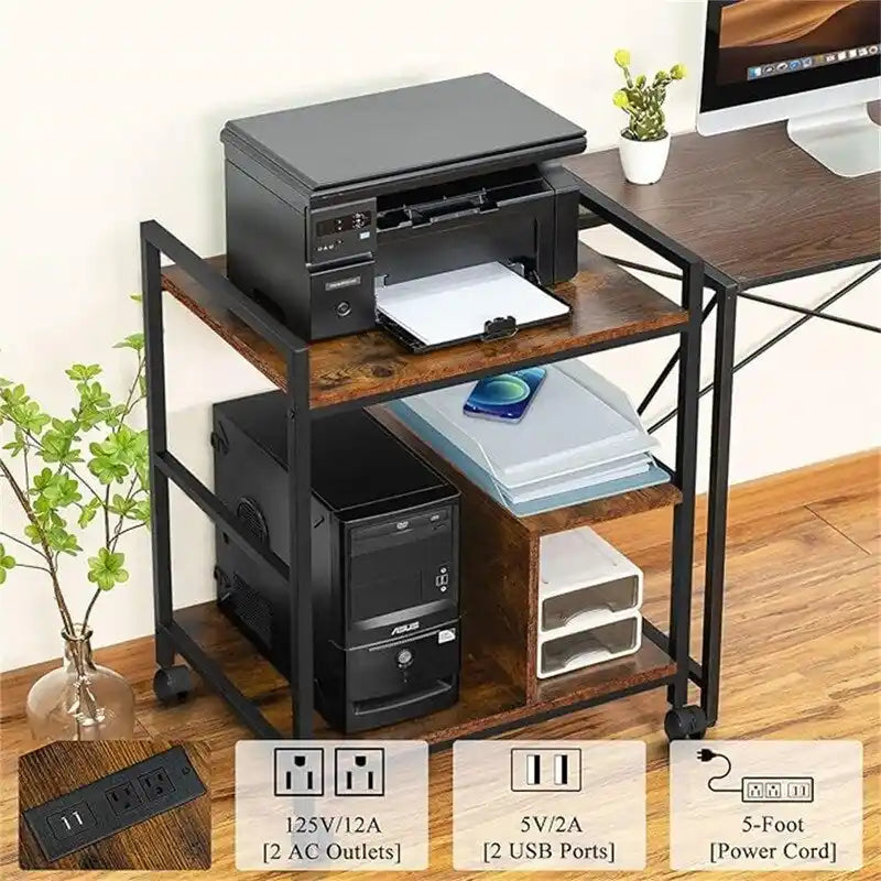 Meuble Imprimante avec Station de Recharge et Ports USB Grande Taille 3 Niveaux - 24P x 18,62L x 30,86H