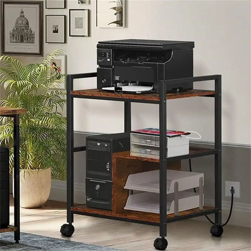 Meuble Imprimante avec Station de Recharge et Ports USB Grande Taille 3 Niveaux - 24P x 18,62L x 30,86H