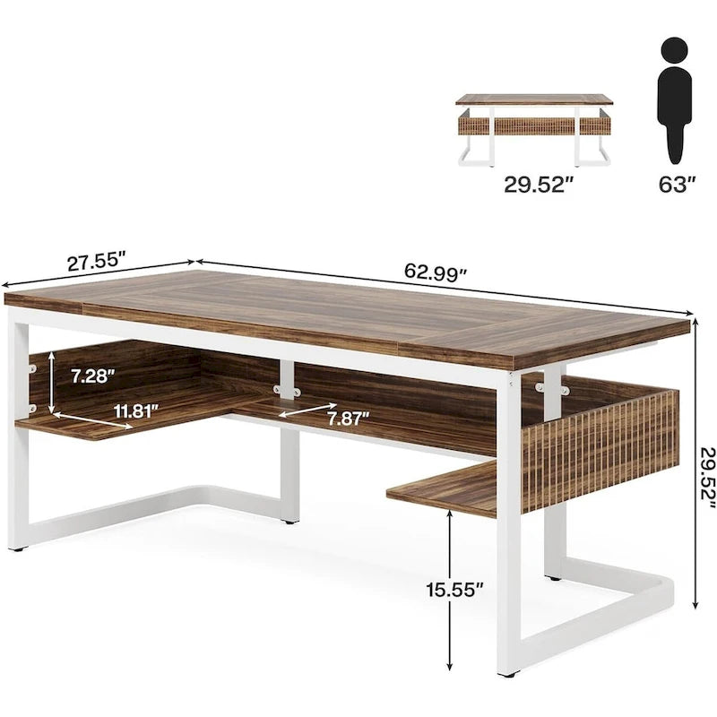 Bureau de direction 63" avec étagères, bureau d'ordinateur pour bureau à domicile