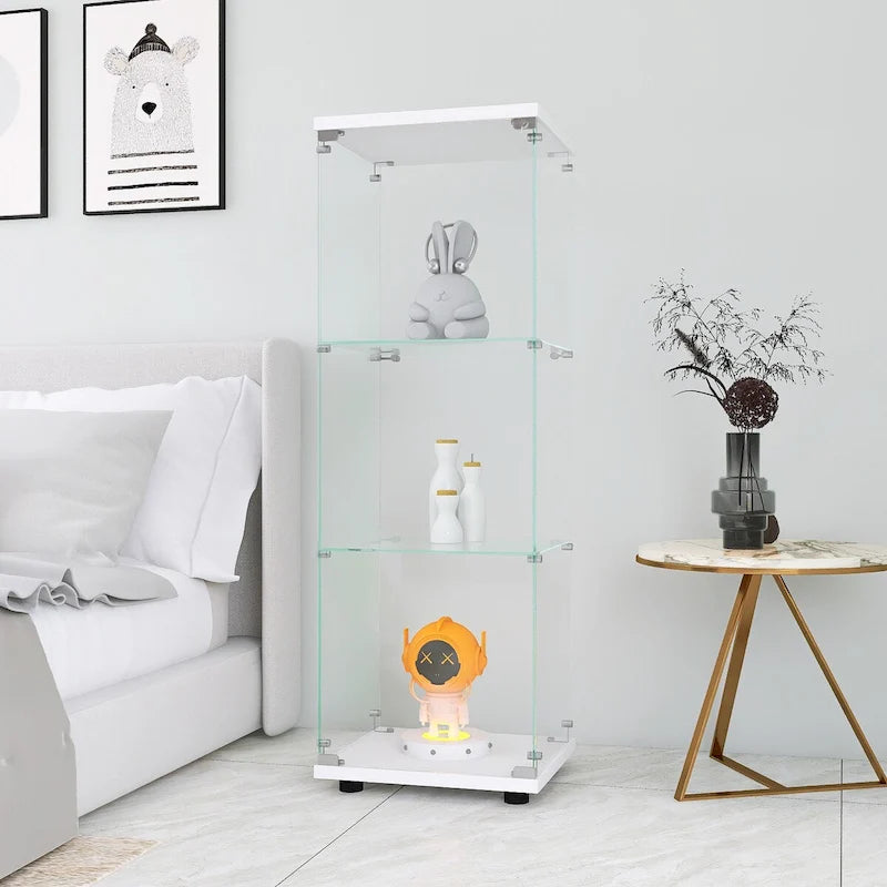 Vitrine en verre avec 3 étagères, Meuble vitrine à une porte, Bibliothèque en verre blanche sur pied, Installation rapide