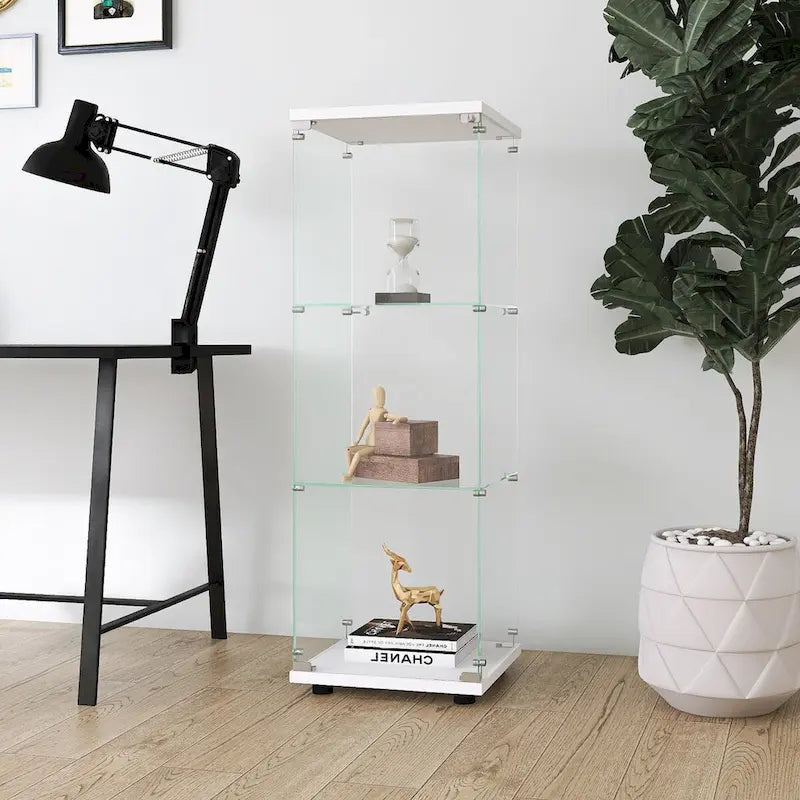Vitrine en verre avec 3 étagères, Meuble vitrine à une porte, Bibliothèque en verre blanche sur pied, Installation rapide