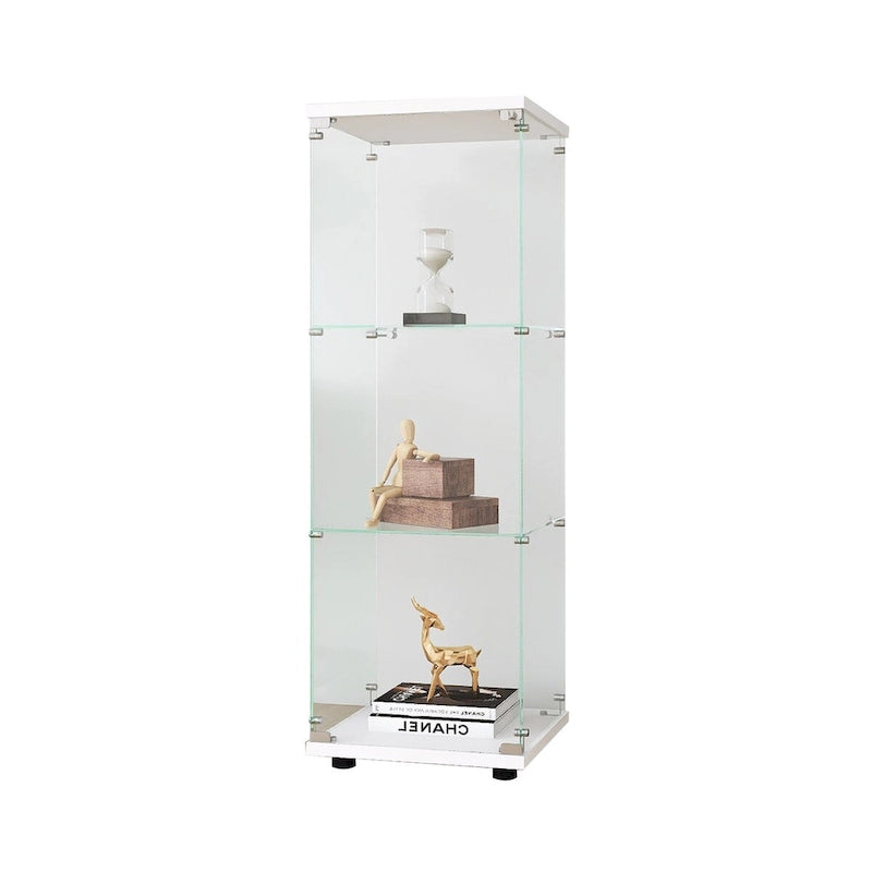 Vitrine en verre avec 3 étagères, Meuble vitrine à une porte, Bibliothèque en verre blanche sur pied, Installation rapide