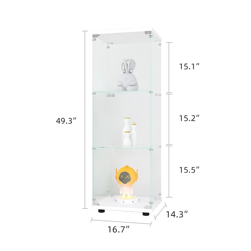 Vitrine en verre avec 3 étagères, Meuble vitrine à une porte, Bibliothèque en verre blanche sur pied, Installation rapide
