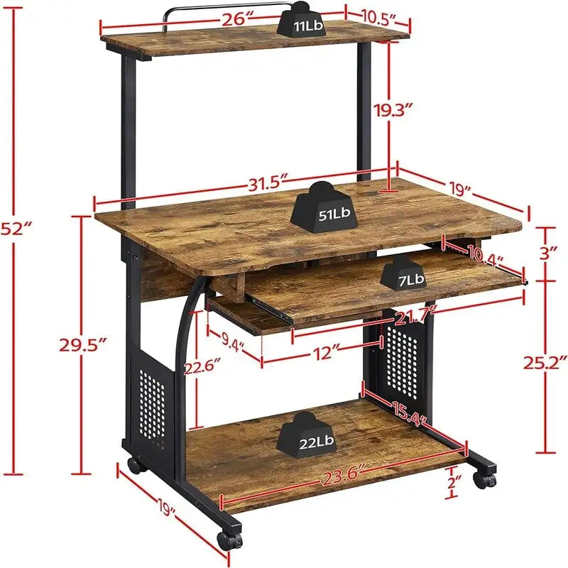 Bureau d'ordinateur à 3 niveaux avec étagère pour imprimante