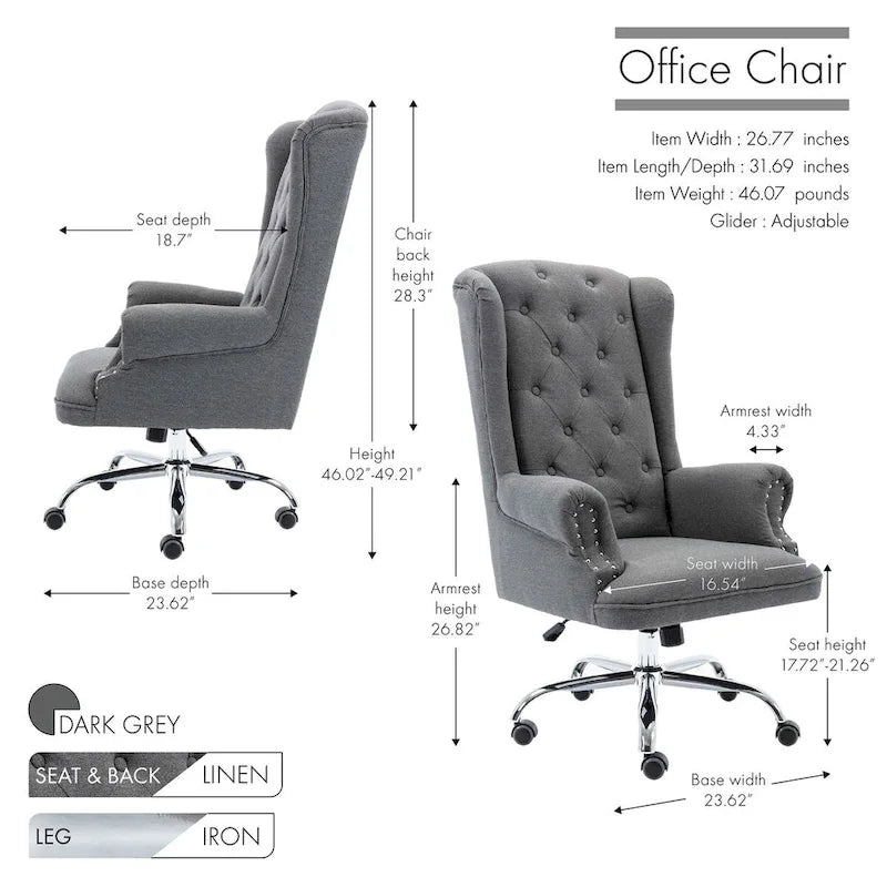 Chaise de bureau Porthos Home Iaen avec dossier à oreilles, revêtement en lin