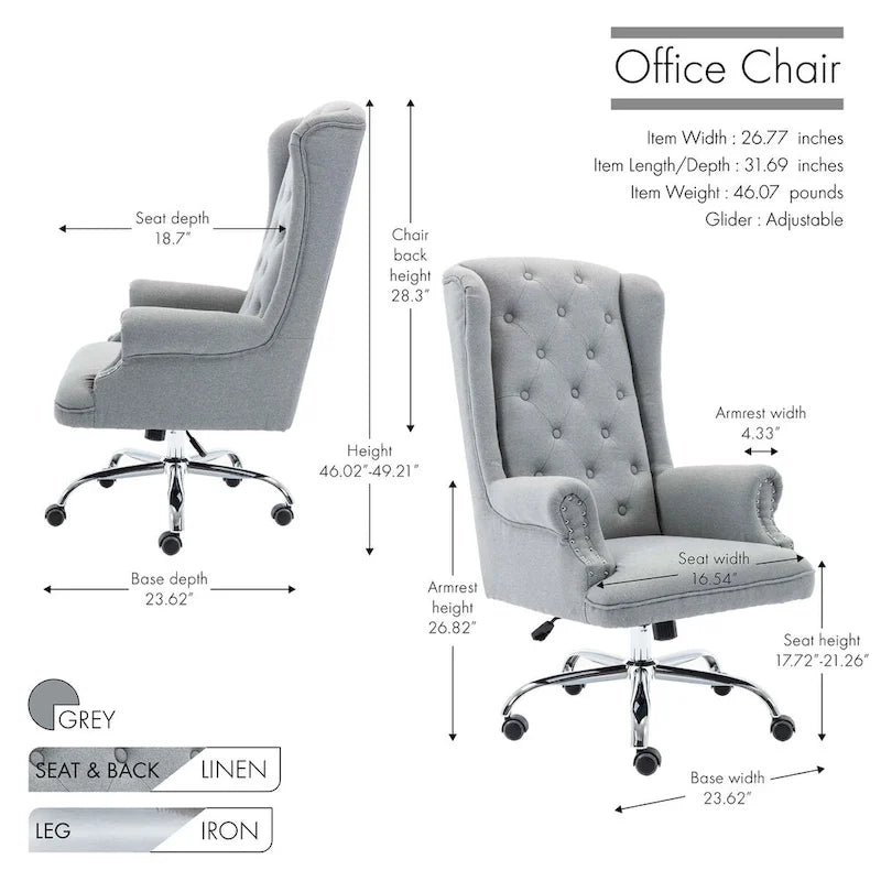 Chaise de bureau Porthos Home Iaen avec dossier à oreilles, revêtement en lin