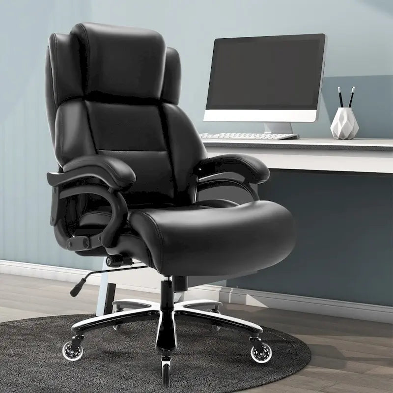Chaise de bureau à dossier haut avec roulettes, support lombaire réglable noir et piètement en métal