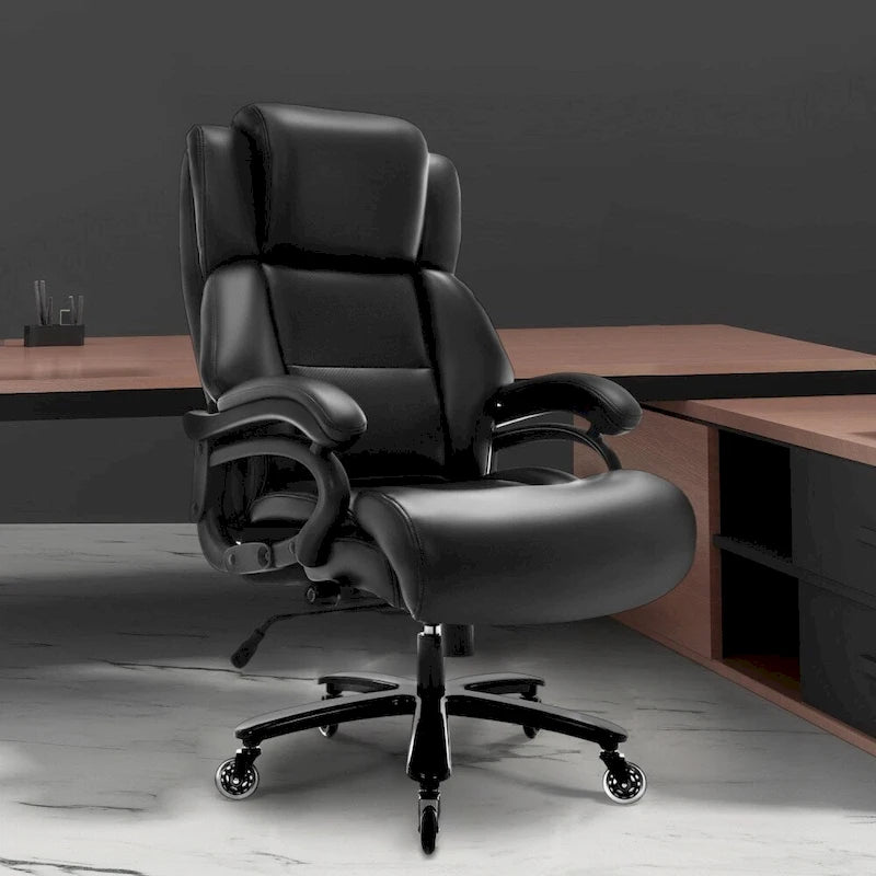 Chaise de bureau à dossier haut avec roulettes, support lombaire réglable noir et piètement en métal