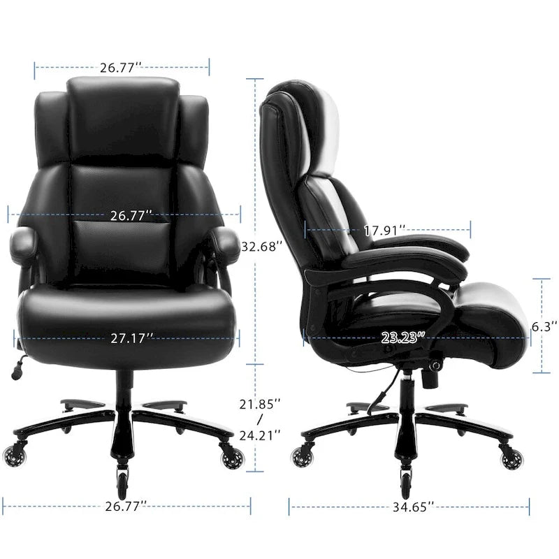 Chaise de bureau à dossier haut avec roulettes, support lombaire réglable noir et piètement en métal