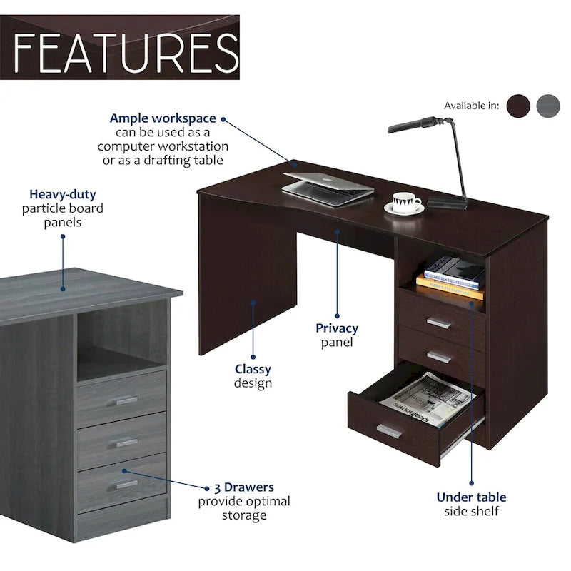 Bureau d'ordinateur classique à 3 tiroirs Designs Modernes - Gris