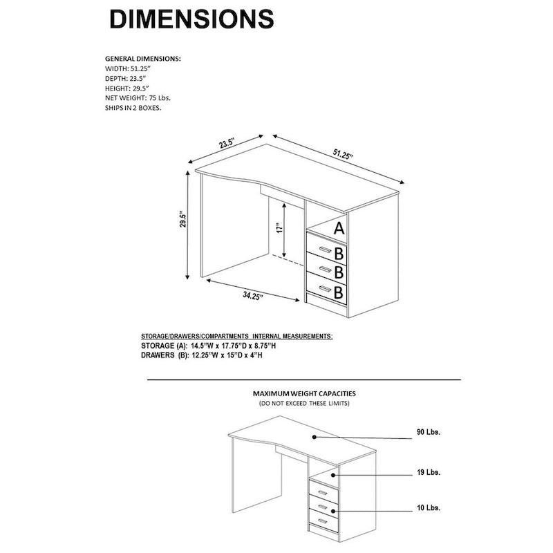 Bureau d'ordinateur classique à 3 tiroirs Designs Modernes - Gris