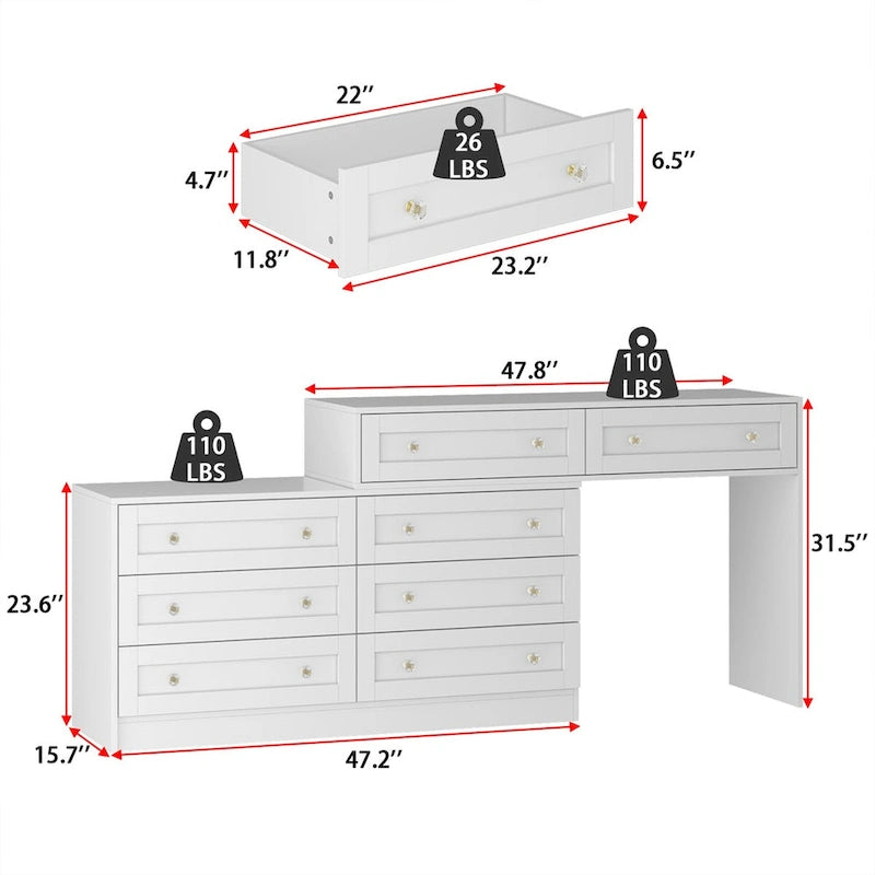 Commode et coiffeuse blanches Solution de rangement polyvalente Bureau en cristal