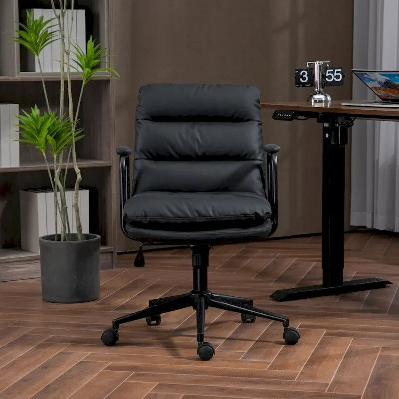 Chaise de bureau, chaise de bureau à dossier mi-hauteur avec roulettes et accoudoirs, chaise d'ordinateur pivotante ergonomique en cuir PU