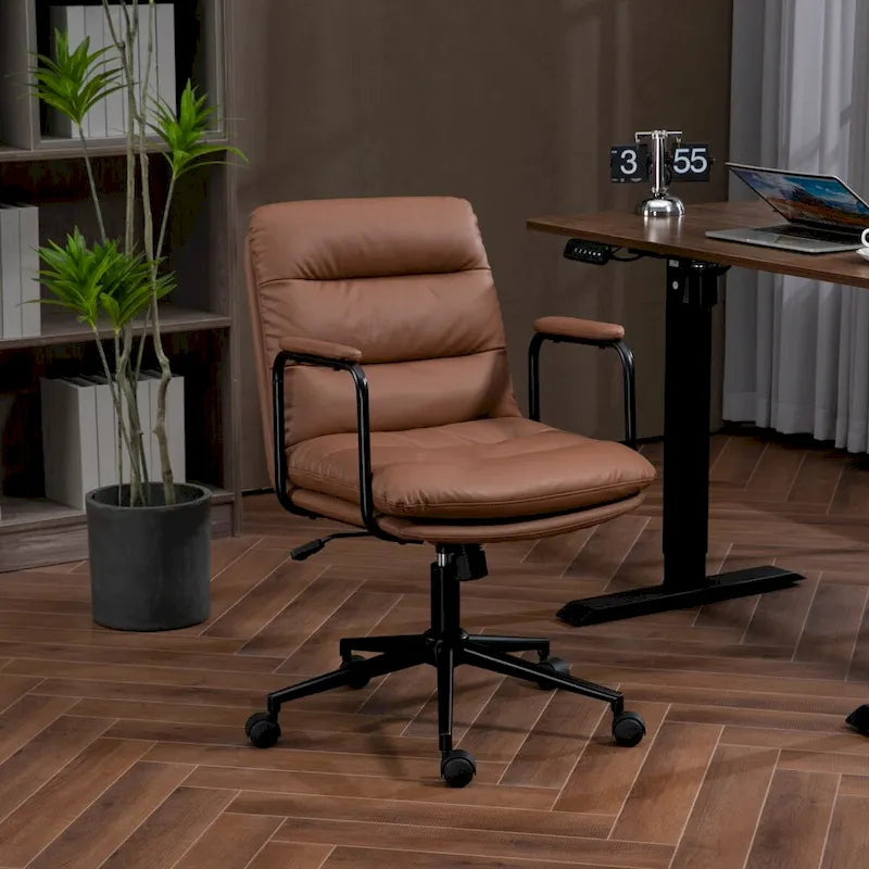 Chaise de bureau, chaise de bureau à dossier mi-hauteur avec roulettes et accoudoirs, chaise d'ordinateur pivotante ergonomique en cuir PU