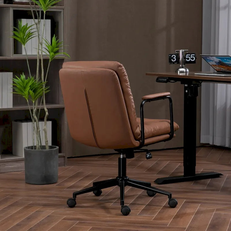 Chaise de bureau, chaise de bureau à dossier mi-hauteur avec roulettes et accoudoirs, chaise d'ordinateur pivotante ergonomique en cuir PU