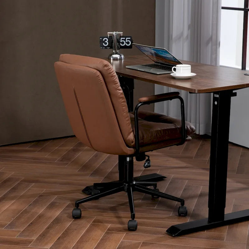 Chaise de bureau, chaise de bureau à dossier mi-hauteur avec roulettes et accoudoirs, chaise d'ordinateur pivotante ergonomique en cuir PU