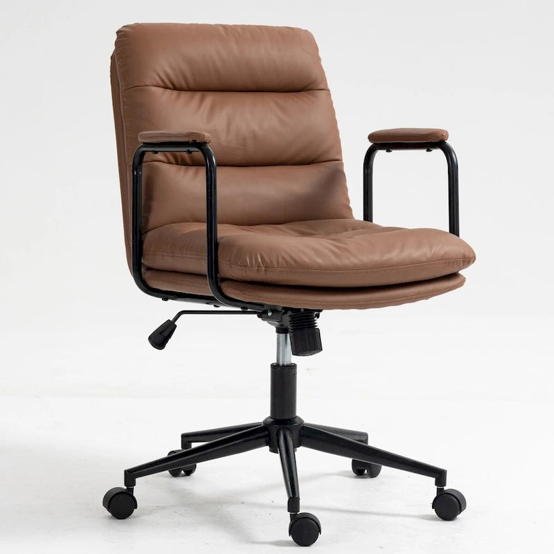 Chaise de bureau, chaise de bureau à dossier mi-hauteur avec roulettes et accoudoirs, chaise d'ordinateur pivotante ergonomique en cuir PU