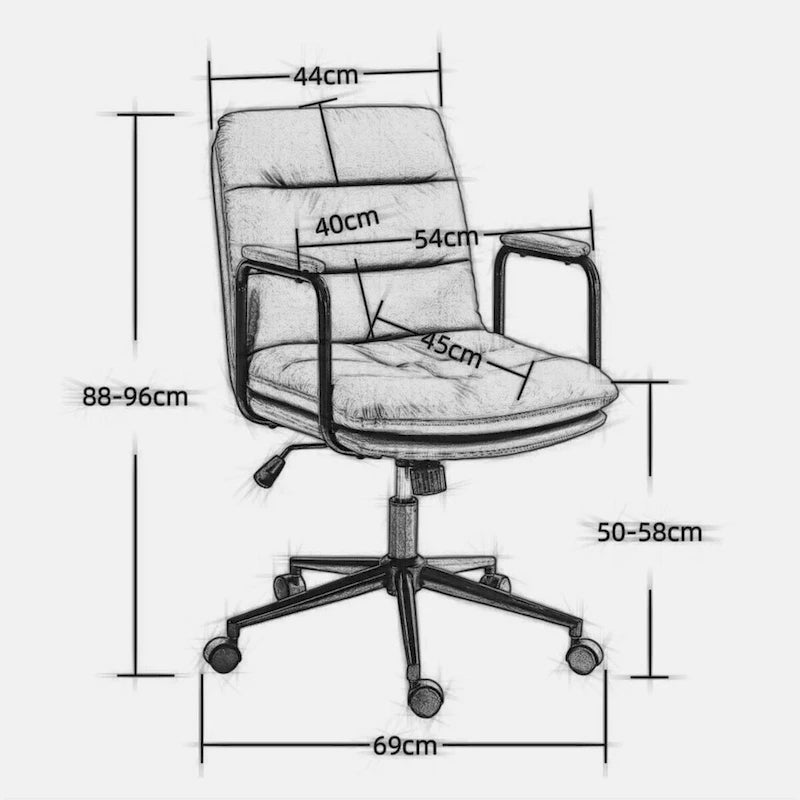 Chaise de bureau, chaise de bureau à dossier mi-hauteur avec roulettes et accoudoirs, chaise d'ordinateur pivotante ergonomique en cuir PU