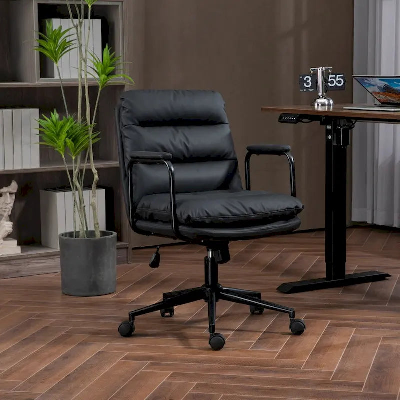 Chaise de bureau, chaise de bureau à dossier mi-hauteur avec roulettes et accoudoirs, chaise d'ordinateur pivotante ergonomique en cuir PU
