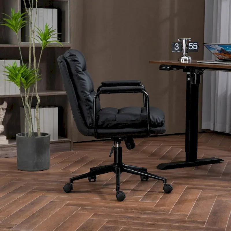 Chaise de bureau, chaise de bureau à dossier mi-hauteur avec roulettes et accoudoirs, chaise d'ordinateur pivotante ergonomique en cuir PU