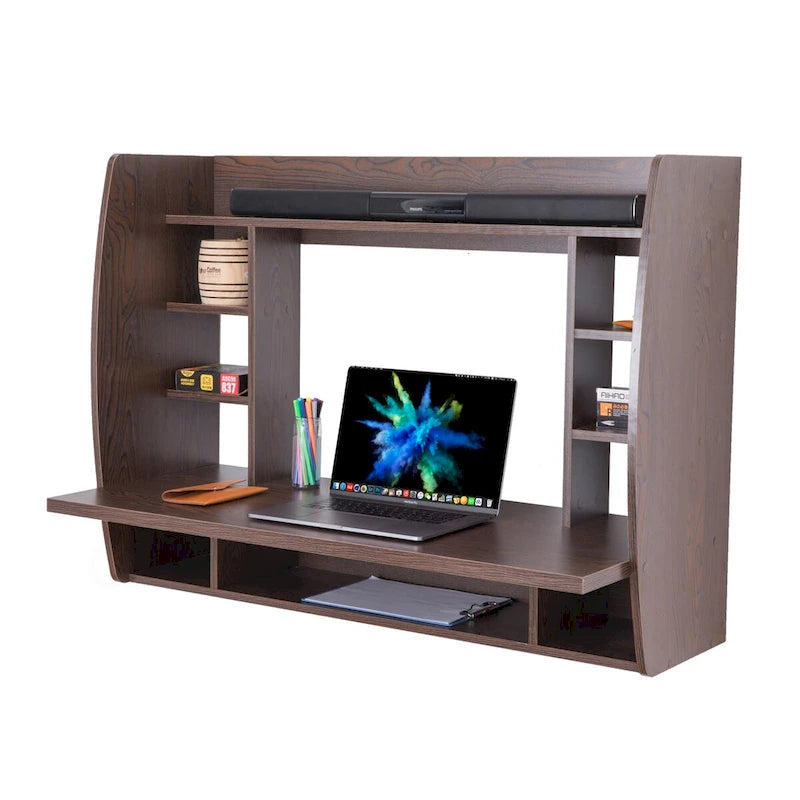 Bureau Mural Flottant Polyvalent - Table d'Étude et d'Écriture Élégante et Peu Encombrante avec Étagères - Idéal pour le Salon