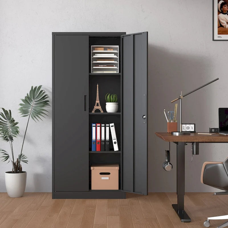 Armoire de rangement de garage en métal 71H, armoire de rangement en acier noir verrouillable avec portes et 3 étagères, armoires hautes pour le rangement de garage