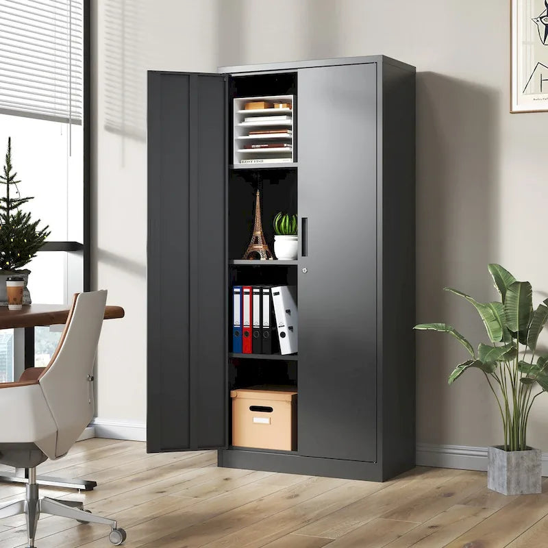 Armoire de rangement de garage en métal 71H, armoire de rangement en acier noir verrouillable avec portes et 3 étagères, armoires hautes pour le rangement de garage