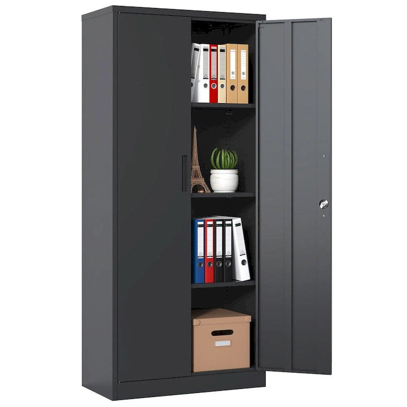 Armoire de rangement de garage en métal 71H, armoire de rangement en acier noir verrouillable avec portes et 3 étagères, armoires hautes pour le rangement de garage