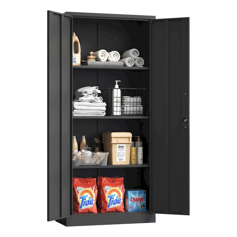 Armoire de rangement de garage en métal 71H, armoire de rangement en acier noir verrouillable avec portes et 3 étagères, armoires hautes pour le rangement de garage