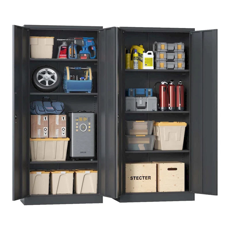 Armoire de rangement de garage en métal 71H, armoire de rangement en acier noir verrouillable avec portes et 3 étagères, armoires hautes pour le rangement de garage